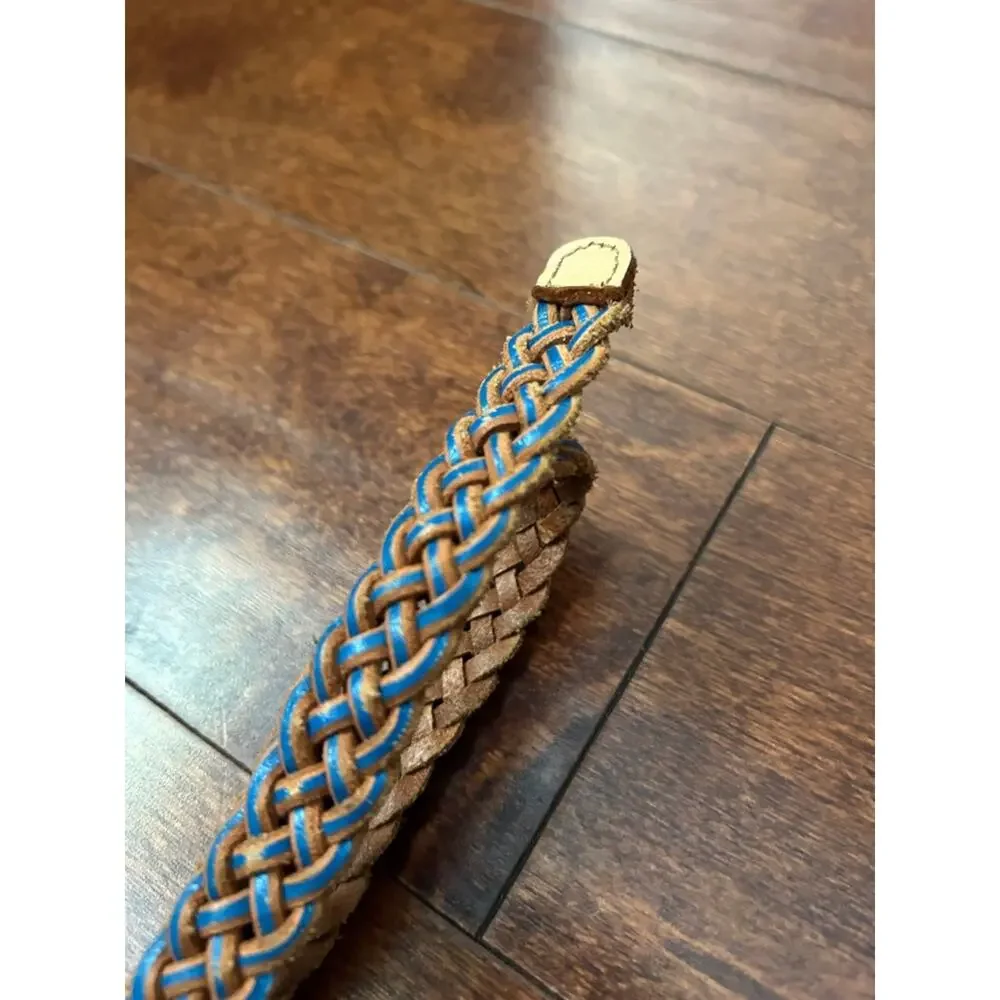 Skinny Braided Brown Leather Belt with Blue Trim, Size M/L